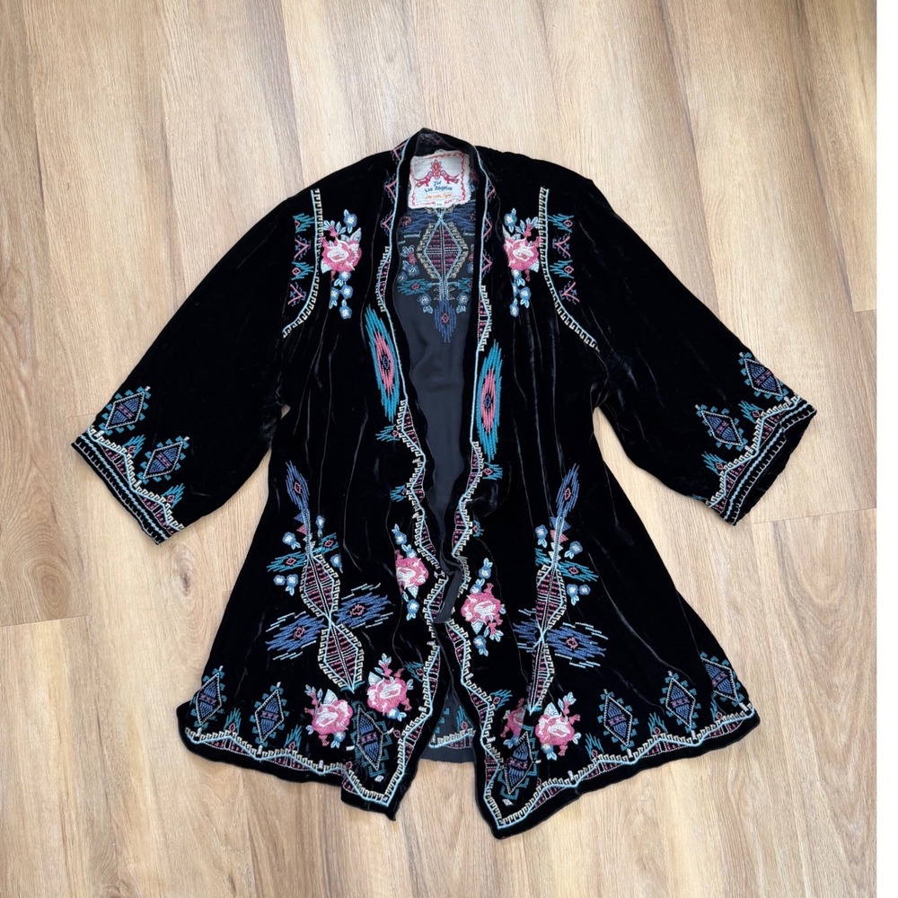 JW Los Angeles Johnny Was Black Velvet Embroidered Kimono cardigan silk XXL - Picture 2 of 8